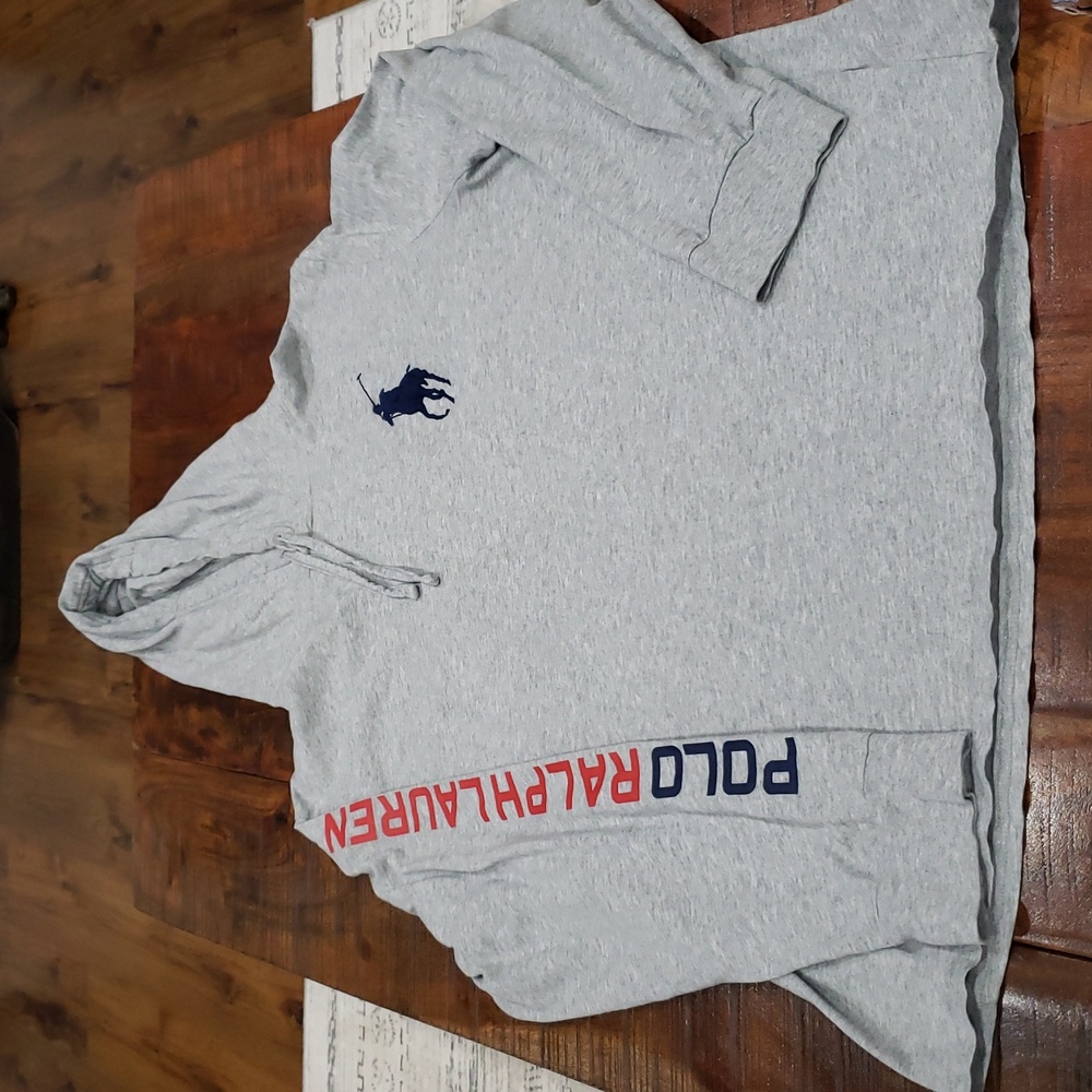Polo by Ralph Lauren Light Gray Tee Shirt Hoodie with Large Navy Logo